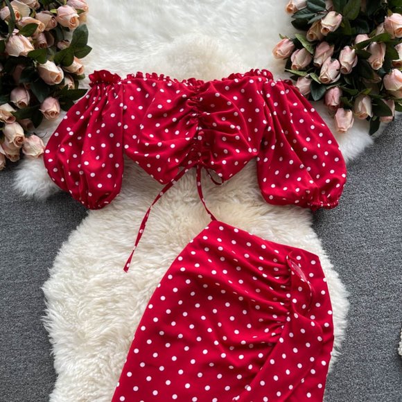 Women Polka Dot Two-Piece Tops and Skirt - Picture 9 of 10